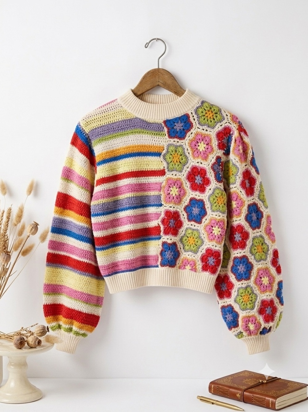FARM Rio Rainbow Handmade Crochet Sweater Multicolor Mock Neck Women's Large NWT - Picture 2 of 16